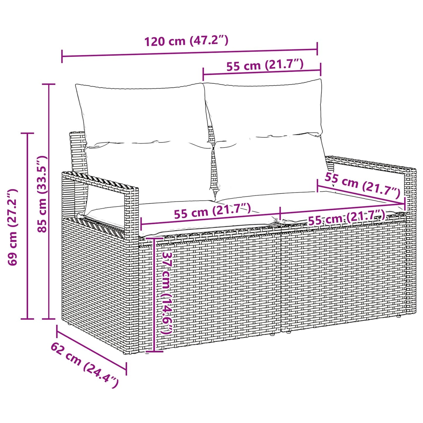 Gartensofa-Set Mit Kissen 3 Pcs Poly-Rattan