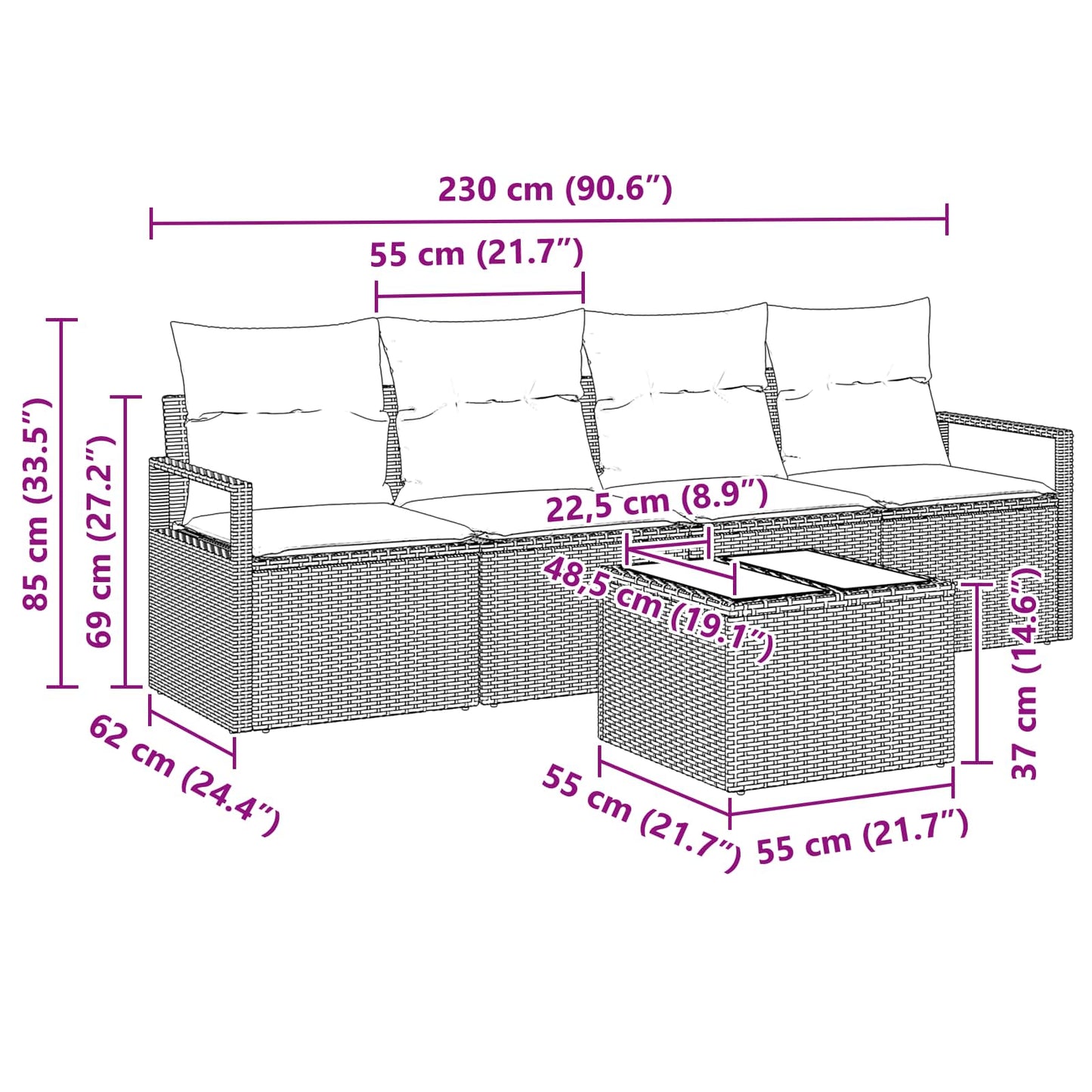 Sofa Set Mit Kissen 5 Pcs Beige Und Rot Poly-Rattan