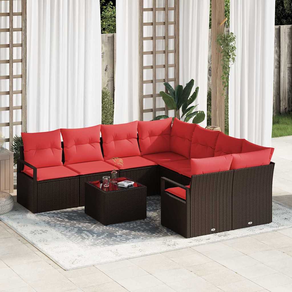 Sofa Set Mit Kissen 9 Pcs Beige Und Rot Poly-Rattan