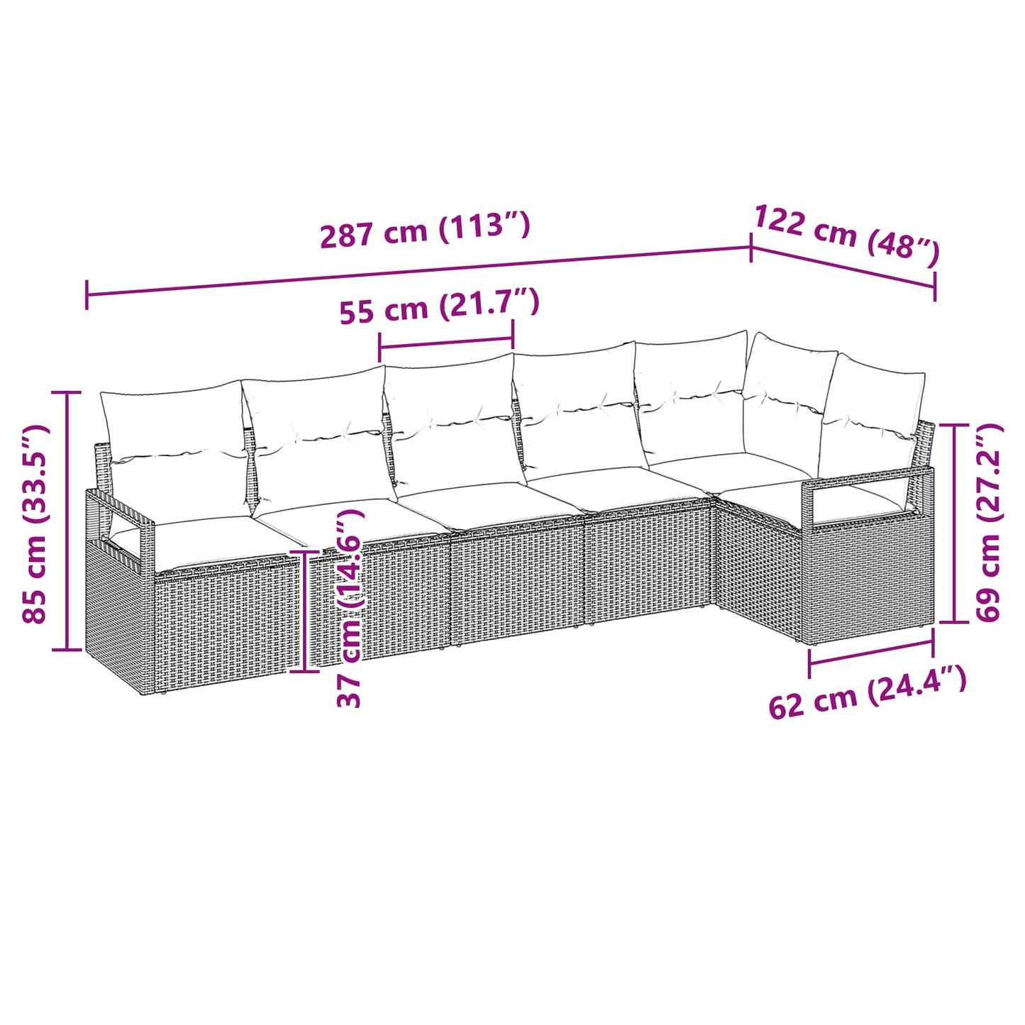 Gartensofa-Set Mit Kissen 6 Pcs Poly-Rattan