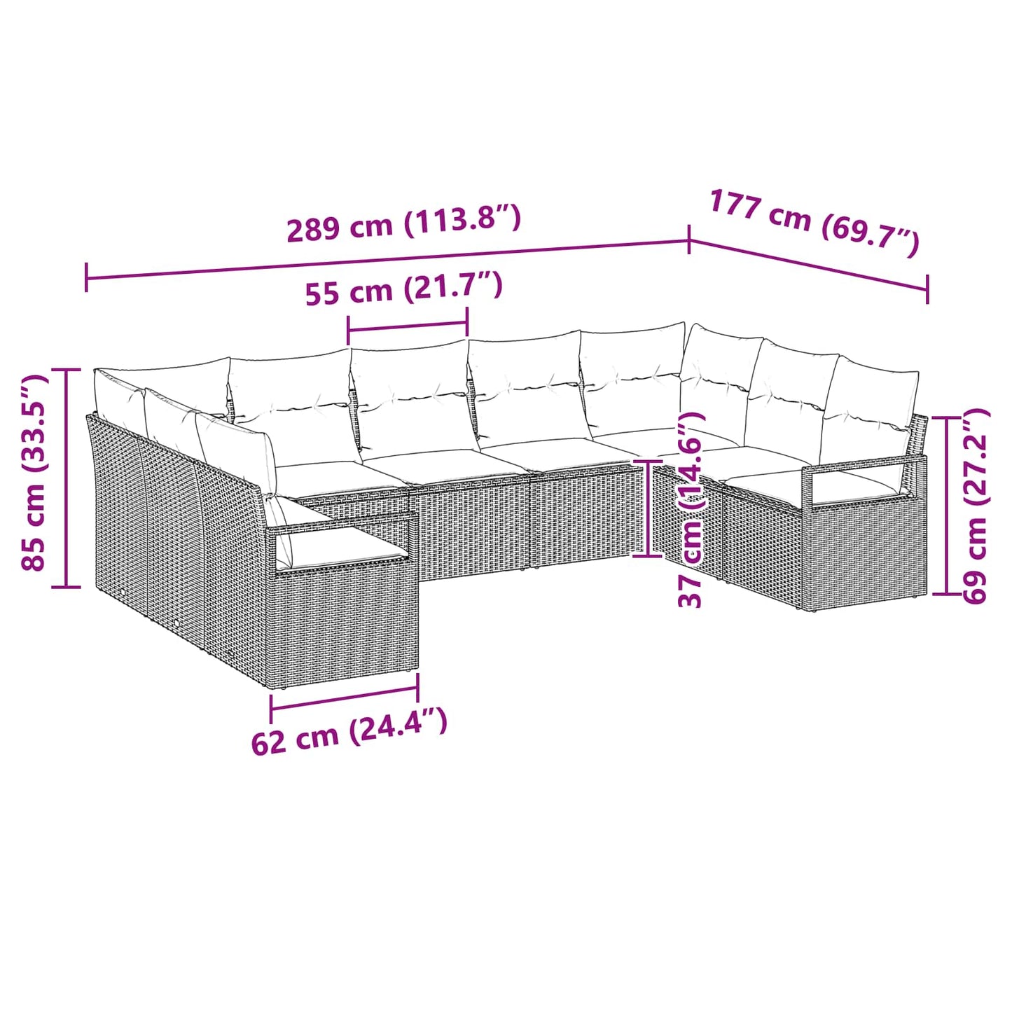 Gartensofa-Set Mit Kissen 9 Pcs Poly-Rattan