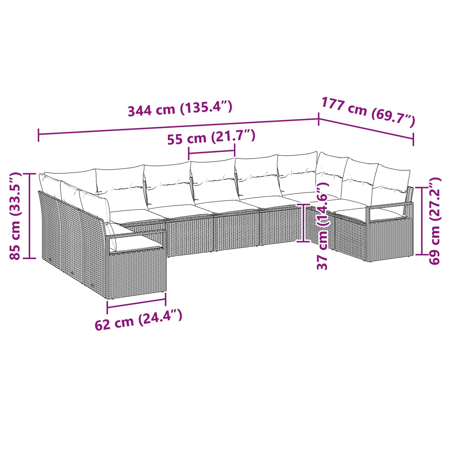 Gartensofa-Set Mit Kissen 10 Pcs Poly-Rattan