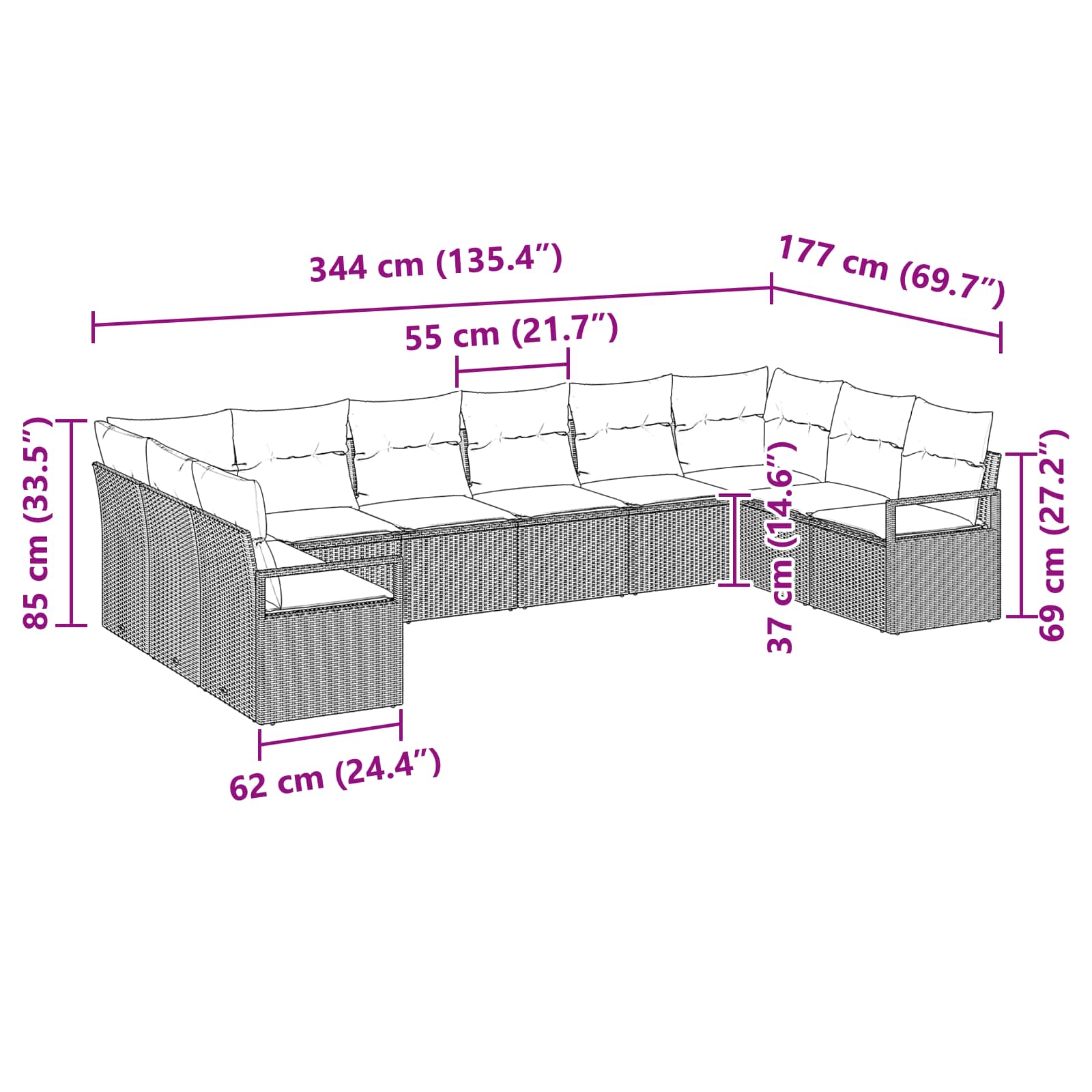 Gartensofa-Set Mit Kissen 10 Pcs Poly-Rattan