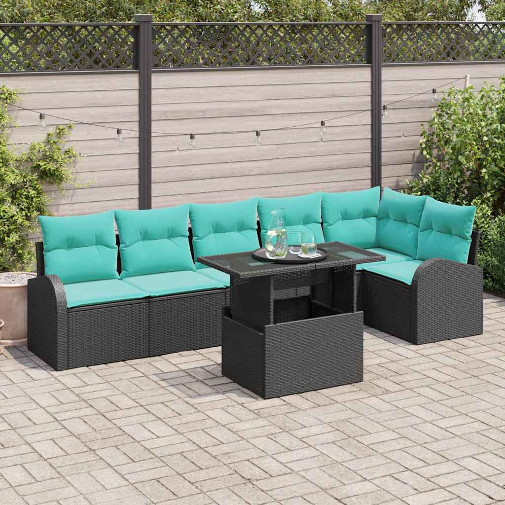Gartensofa-Set Mit Kissen 7 Pcs Schwarz Poly Rattan