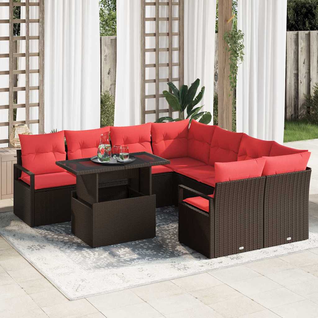 Gartensofa-Set Mit Kissen Mit Speicher 9 Pcs Braun Poly Rattan
