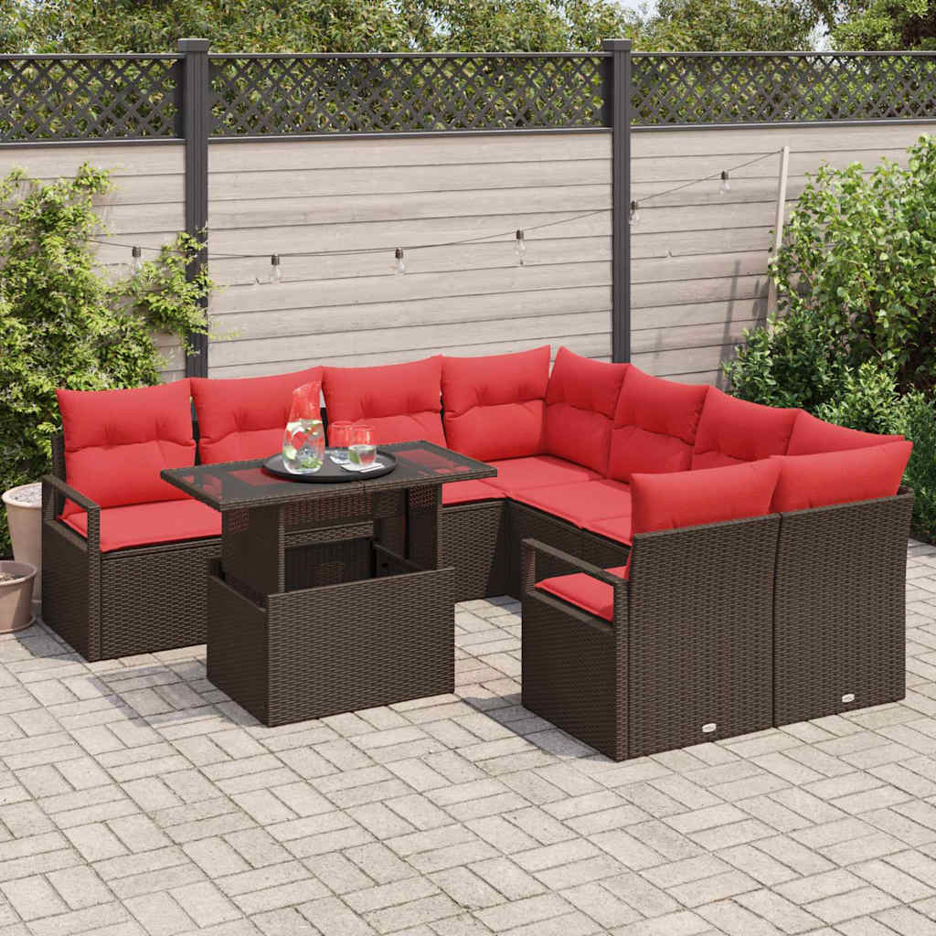 Gartensofa-Set Mit Kissen Mit Speicher 9 Pcs Braun Poly Rattan