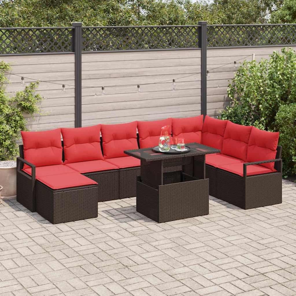 Gartensofa-Set Mit Kissen Mit Speicher 9 Pcs Braun Poly Rattan