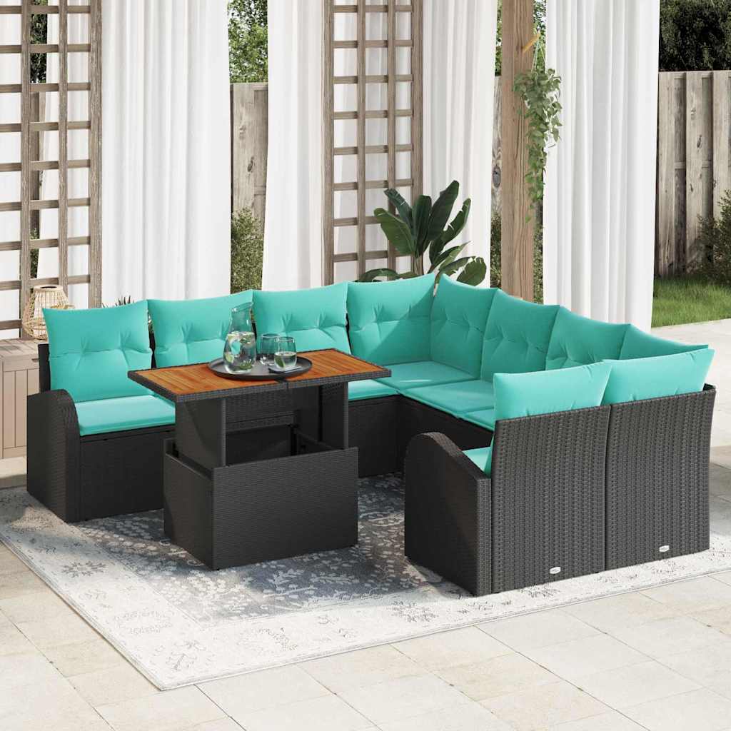 Garten-Sofa-Set Mit Speicher 9 Pcs Schwarz Poly Rattan