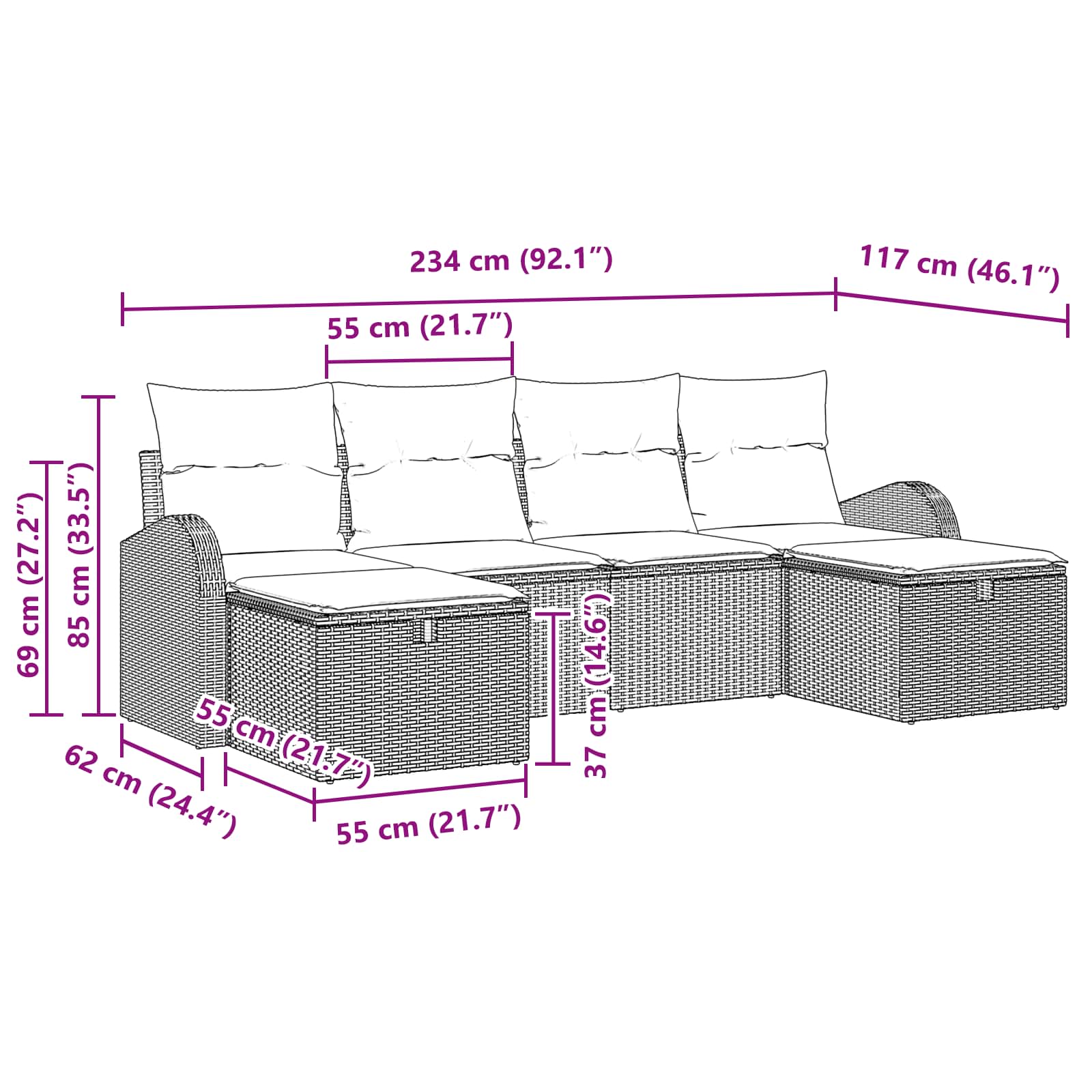 Gartensofa-Set Mit Kissen 6 Pcs Poly-Rattan