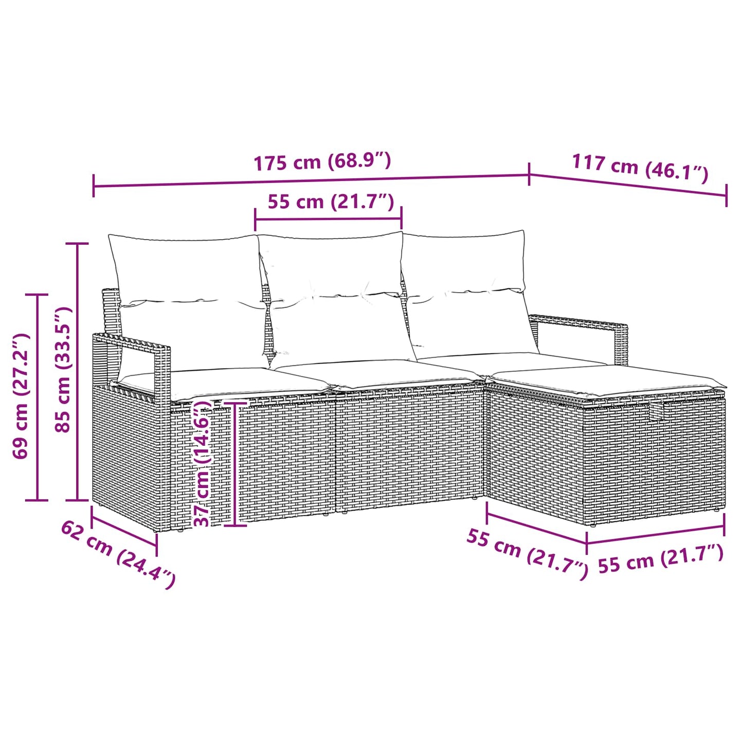 Gartensofa-Set Mit Kissen Mit Speicher 4 Pcs Poly-Rattan