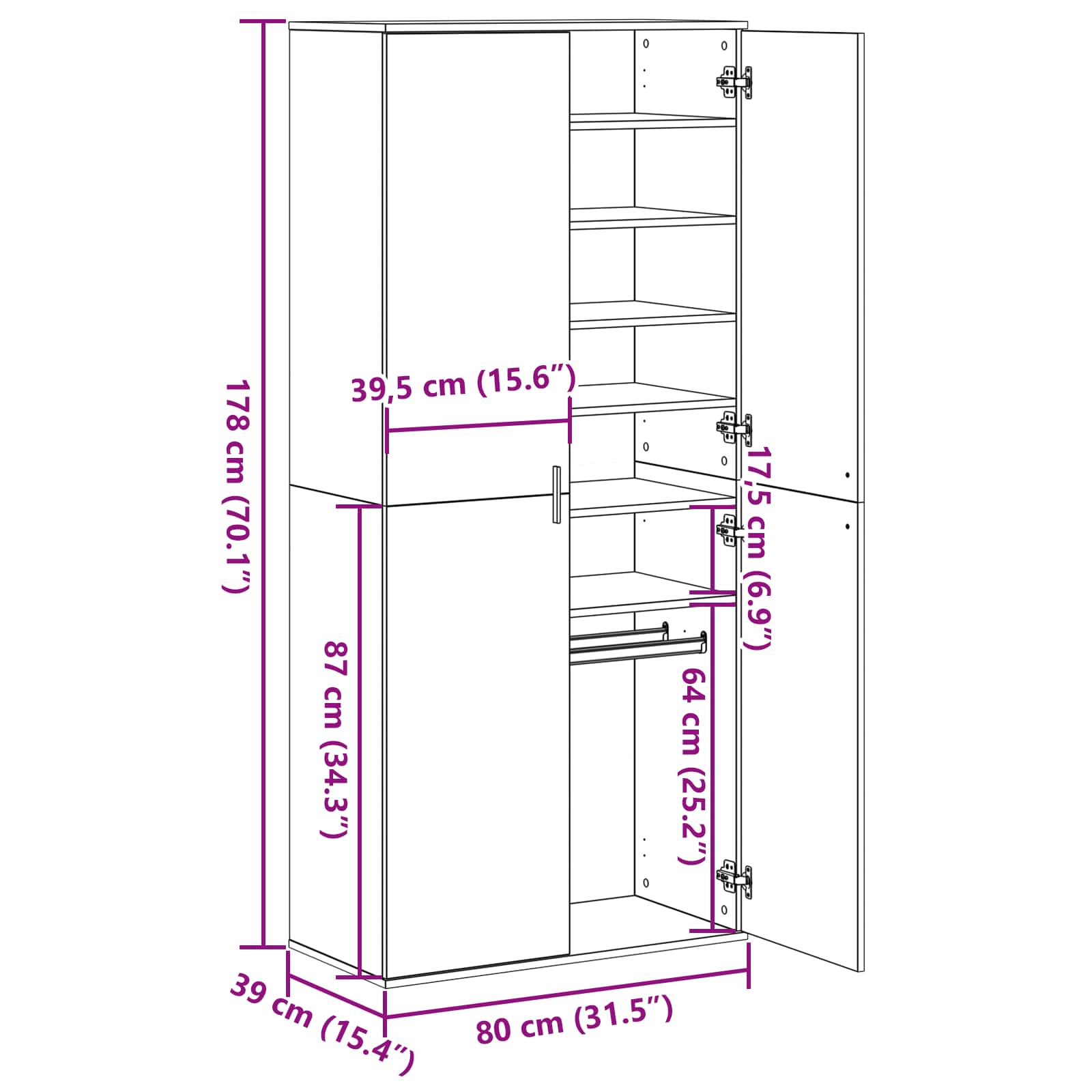 Hochschrank Mit Regal 80 X 39 X 178 Cm Holzwerkstoff