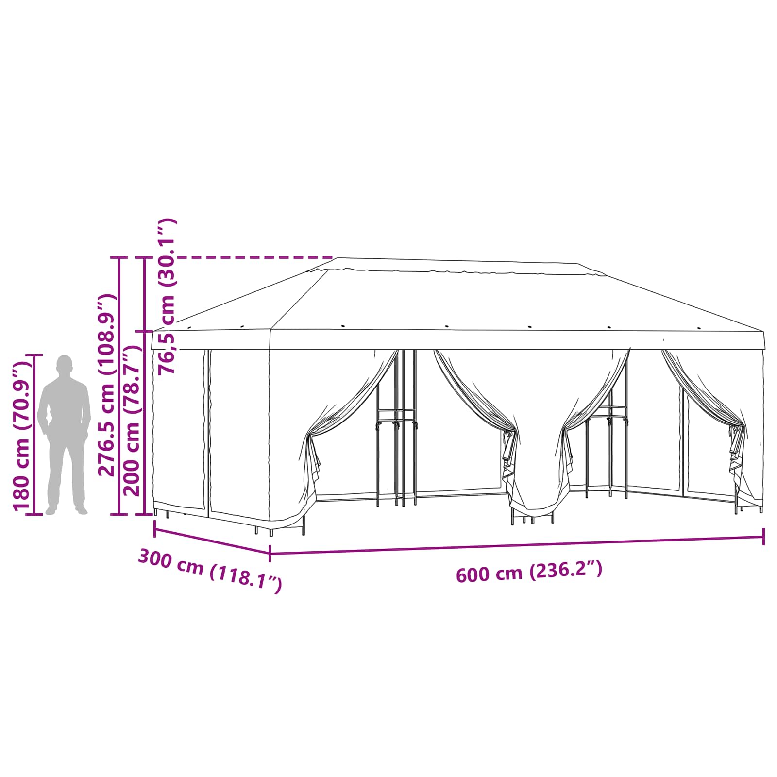 Pavillon Mit Seitenwänden 6 X 3 M Polyester Und Stahl 190
