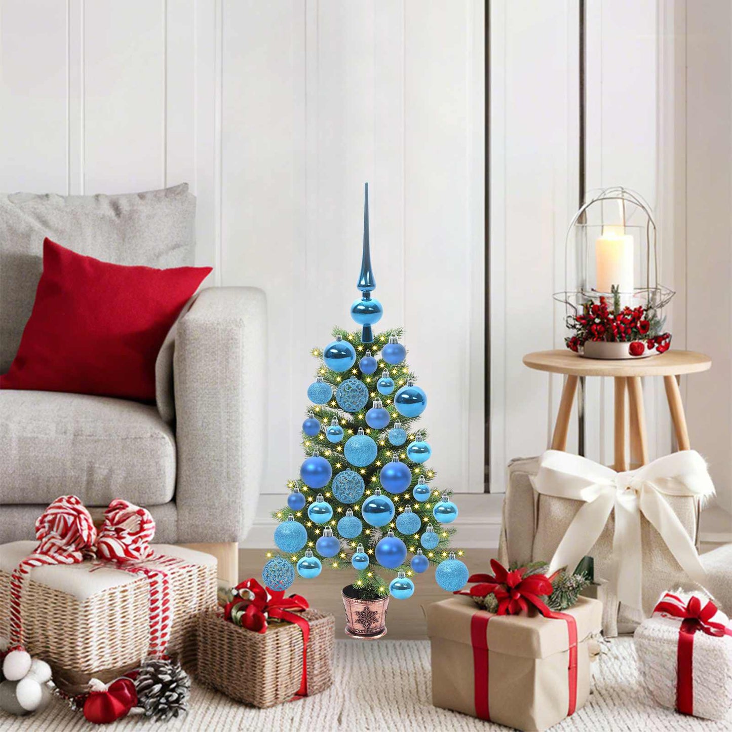 Künstlicher Weihnachtsbaum Mit Beleuchtung & Kugeln 90 Cm Grün Silber