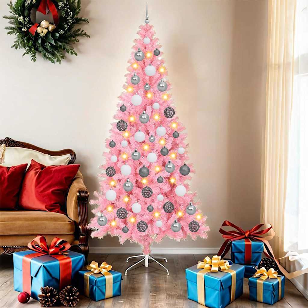 Künstlicher Weihnachtsbaum Mit Beleuchtung & Kugeln 120Cm Rosa