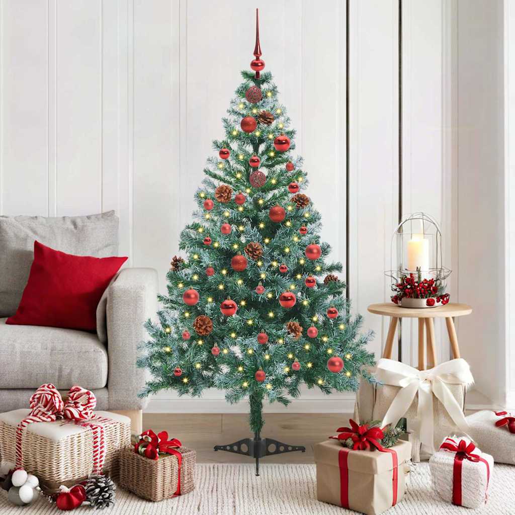 Künstlicher Weihnachtsbaum Mit Beleuchtung Kugeln Zapfen 180 Cm Weiß Und Grau