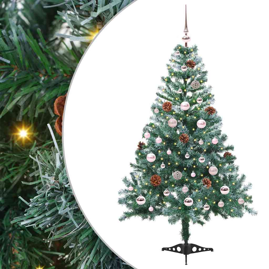 Künstlicher Weihnachtsbaum Mit Beleuchtung Kugeln Zapfen 180 Cm Weiß Und Grau