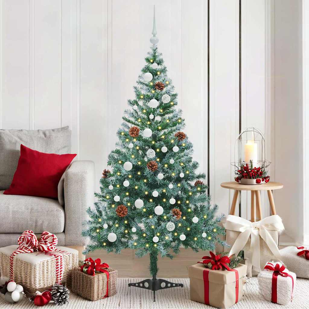 Künstlicher Weihnachtsbaum Mit Beleuchtung Kugeln Zapfen 180 Cm Weiß Und Grau