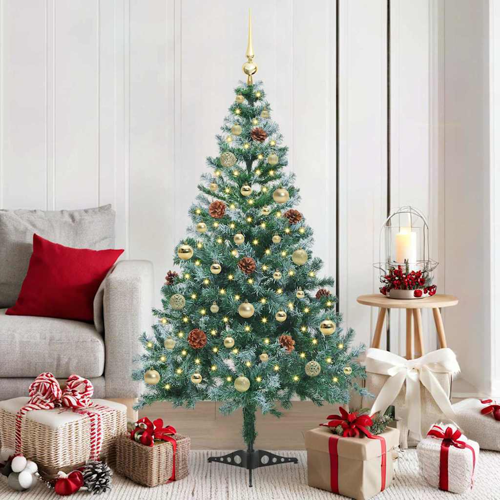 Künstlicher Weihnachtsbaum Mit Beleuchtung Kugeln Zapfen 180 Cm Weiß Und Grau