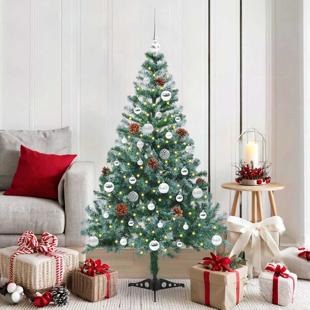 Künstlicher Weihnachtsbaum Mit Beleuchtung Kugeln Zapfen 180 Cm Weiß Und Grau