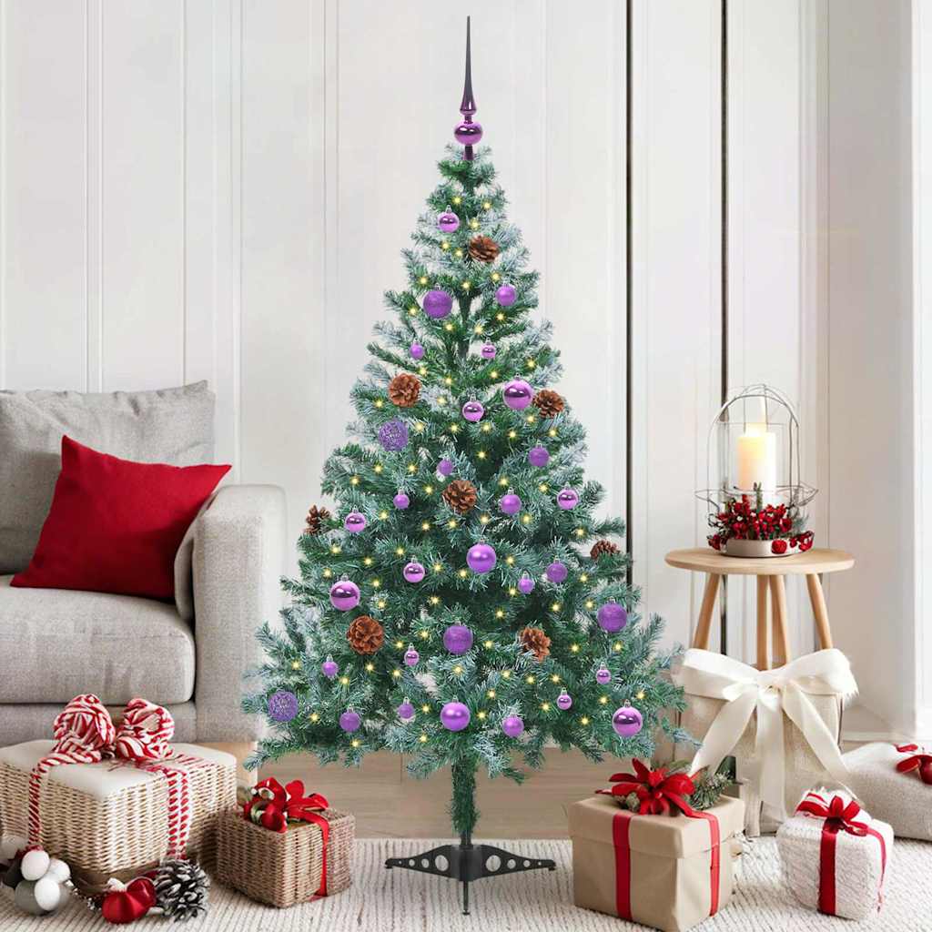 Künstlicher Weihnachtsbaum Mit Beleuchtung Kugeln Zapfen 180 Cm Weiß Und Grau