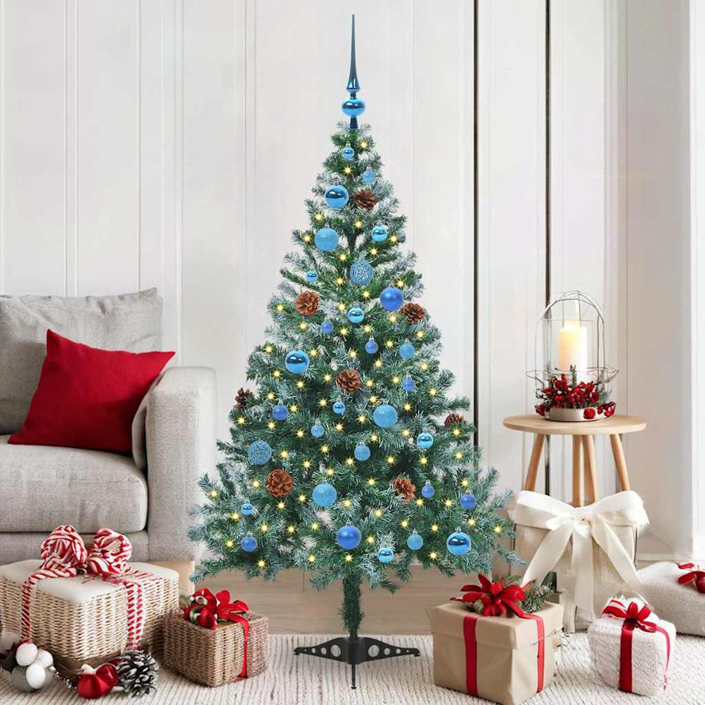 Künstlicher Weihnachtsbaum Mit Beleuchtung Kugeln Zapfen 180 Cm Weiß Und Grau