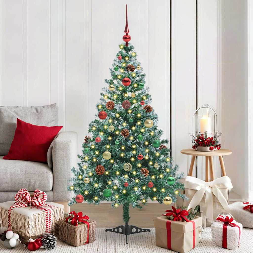 Künstlicher Weihnachtsbaum Mit Beleuchtung Kugeln Zapfen 180 Cm Weiß Und Grau