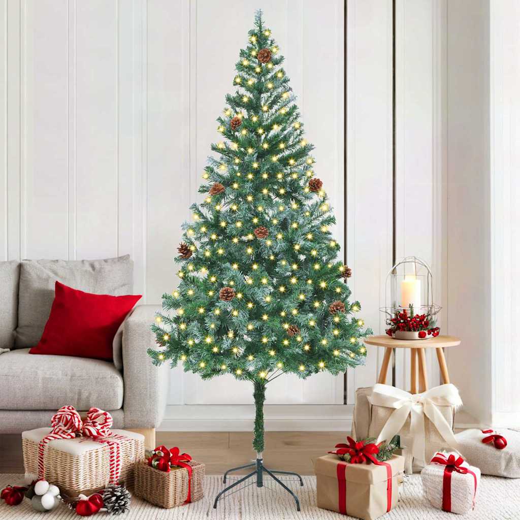 Künstlicher Weihnachtsbaum Mit Beleuchtung Kugeln Zapfen 180 Cm Weiß Und Grau