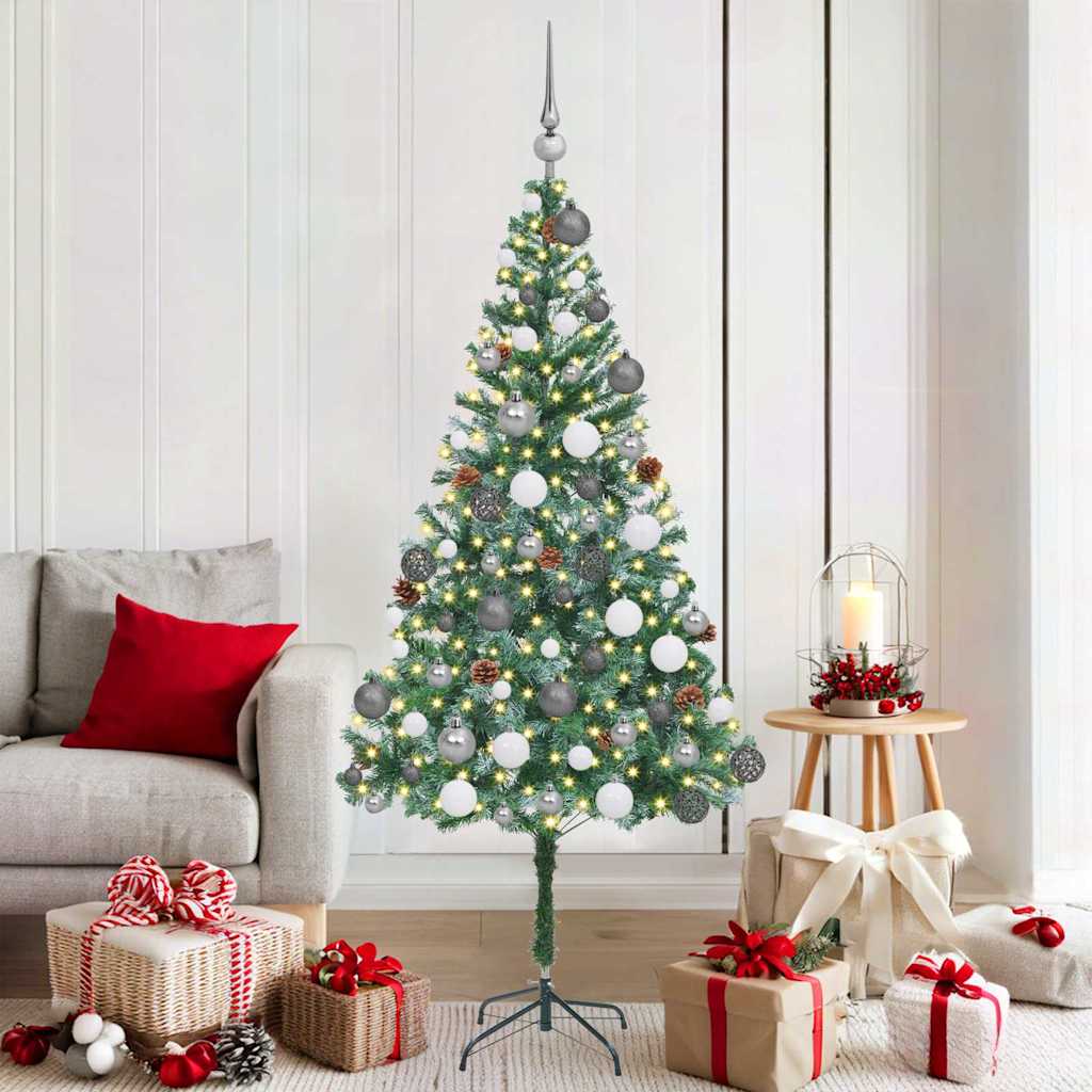 Künstlicher Weihnachtsbaum Mit Beleuchtung Kugeln Zapfen 180 Cm Weiß Und Grau