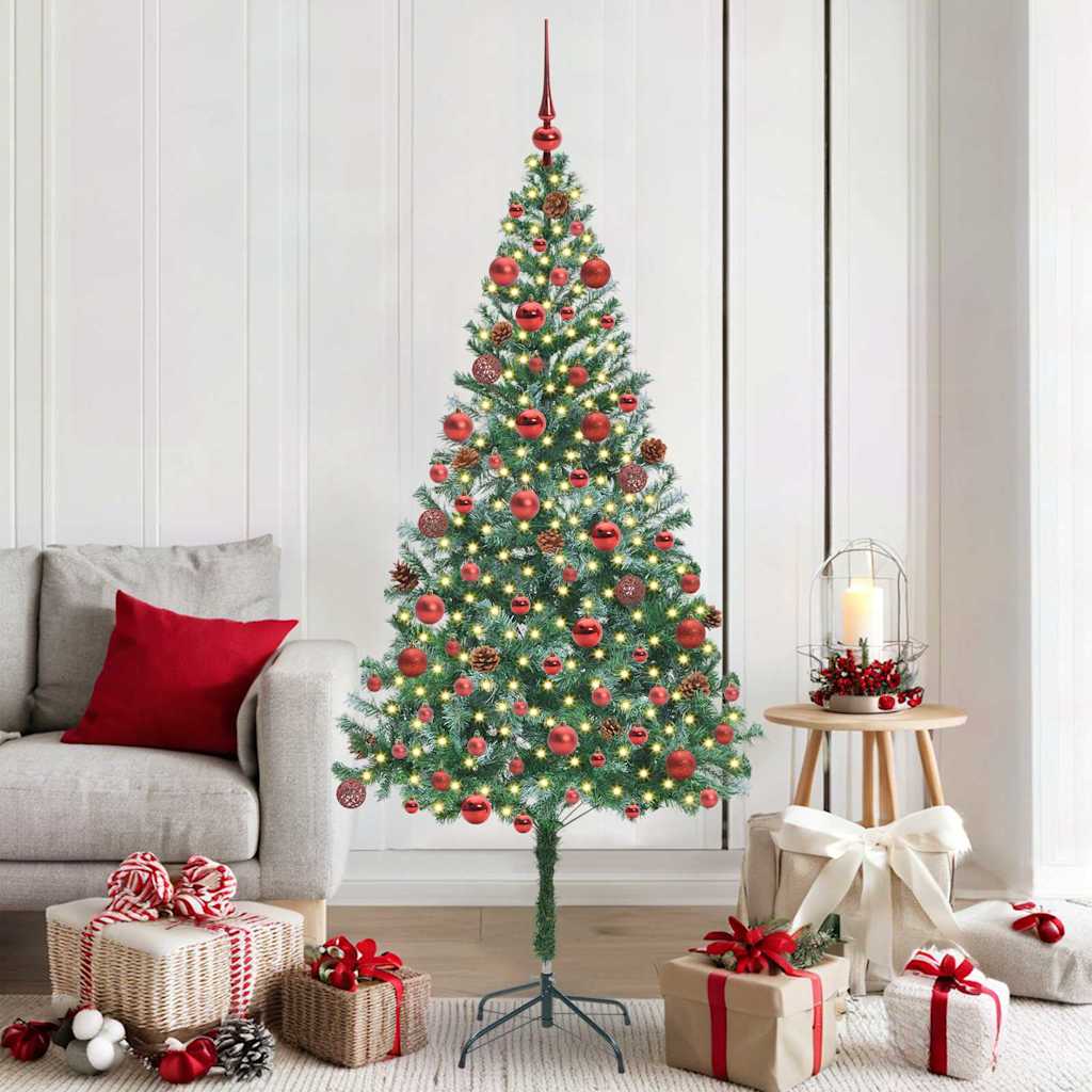 Künstlicher Weihnachtsbaum Mit Beleuchtung Kugeln Zapfen 180 Cm Weiß Und Grau