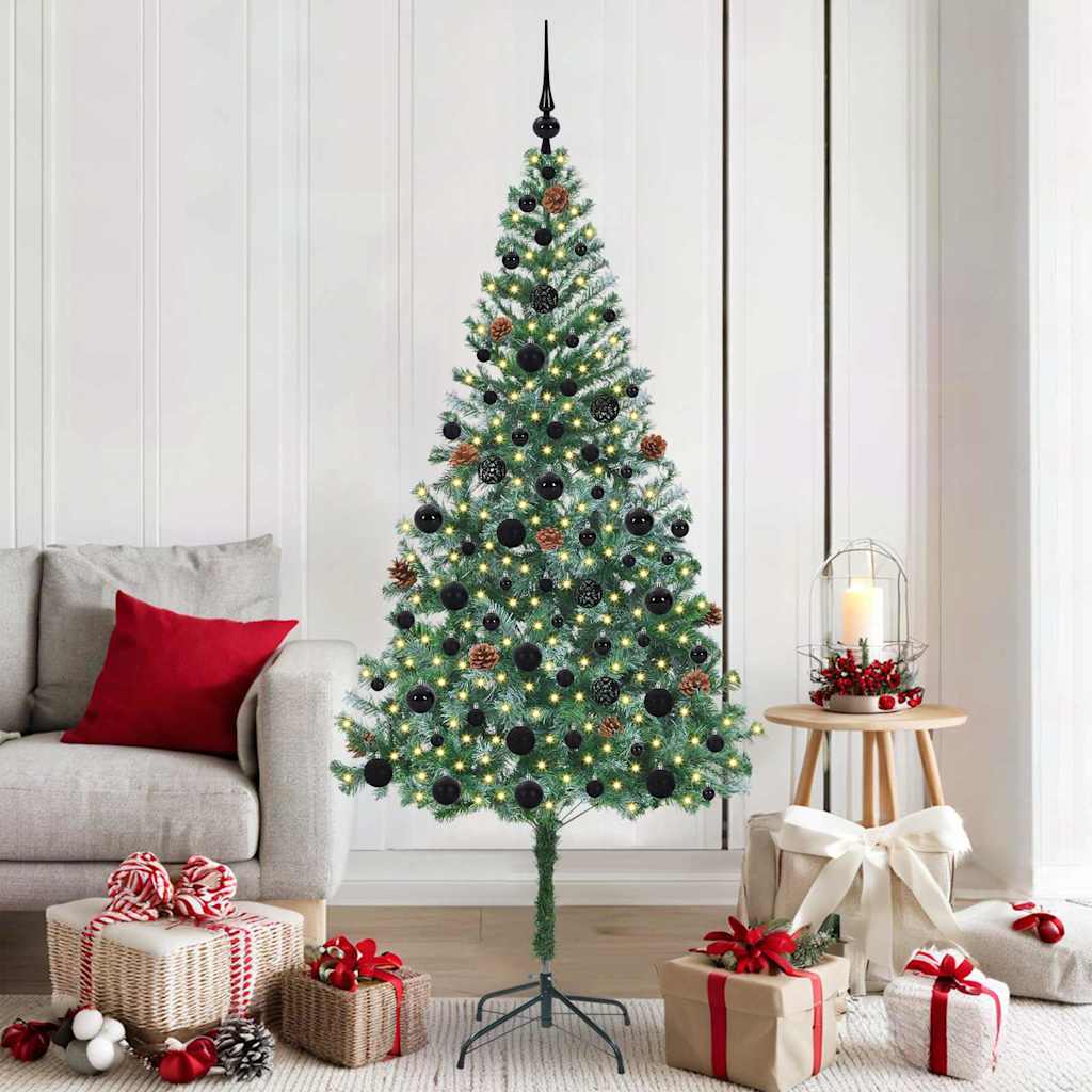 Künstlicher Weihnachtsbaum Mit Beleuchtung Kugeln Zapfen 180 Cm Weiß Und Grau
