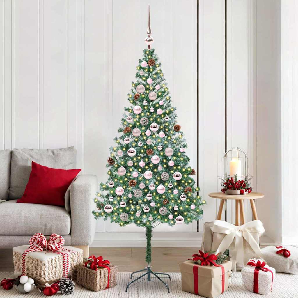 Künstlicher Weihnachtsbaum Mit Beleuchtung Kugeln Zapfen 180 Cm Weiß Und Grau