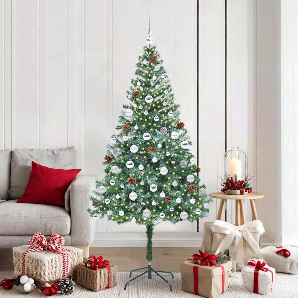 Künstlicher Weihnachtsbaum Mit Beleuchtung Kugeln Zapfen 180 Cm Weiß Und Grau
