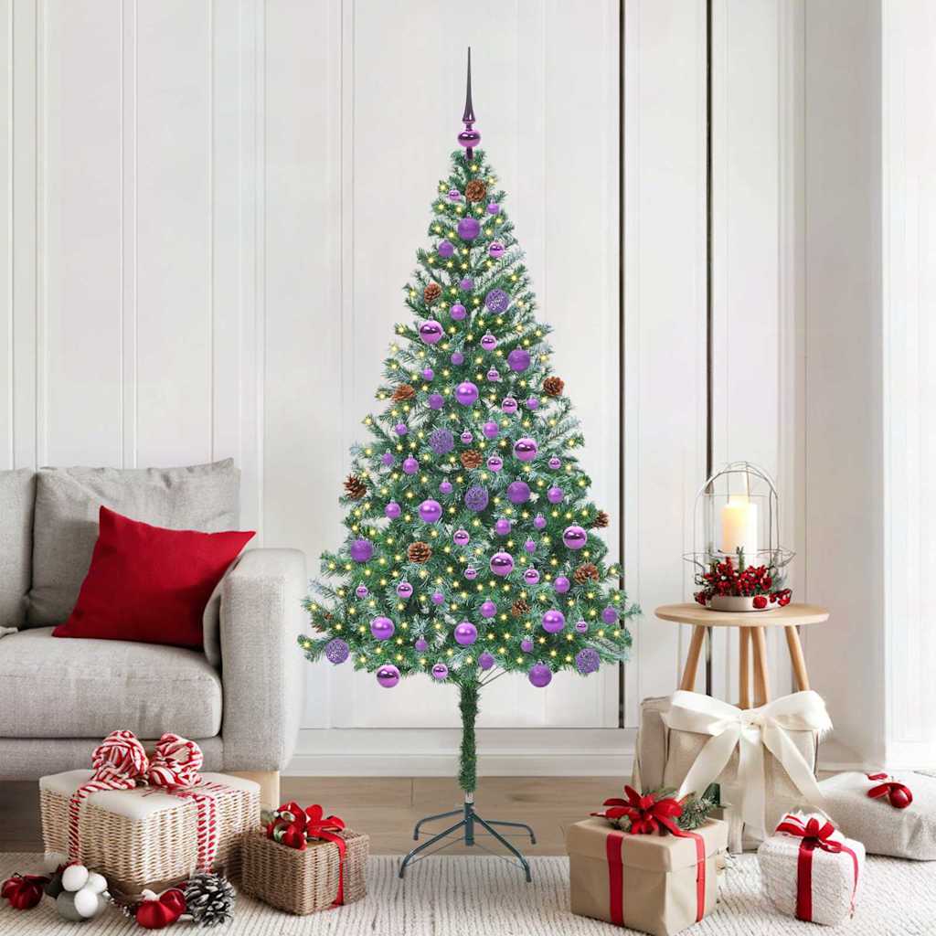 Künstlicher Weihnachtsbaum Mit Beleuchtung Kugeln Zapfen 180 Cm Weiß Und Grau
