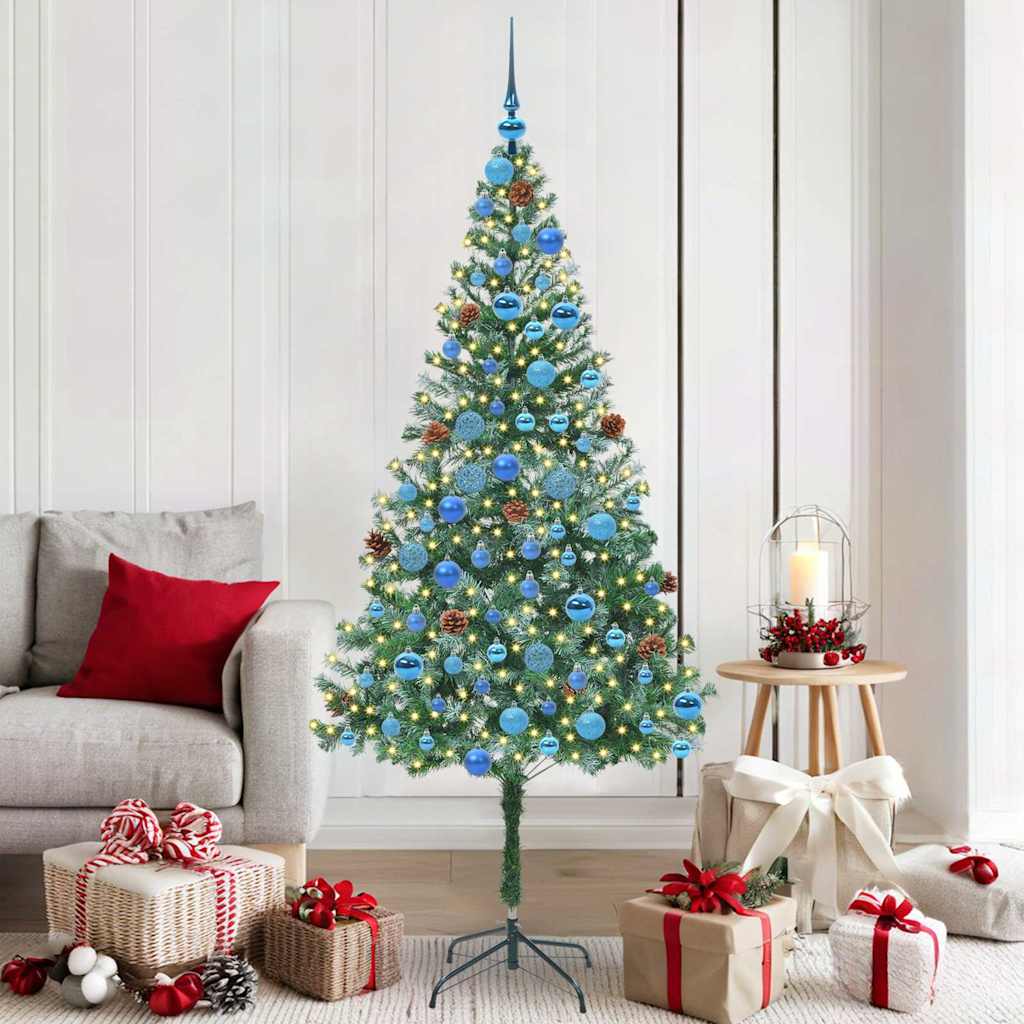 Künstlicher Weihnachtsbaum Mit Beleuchtung Kugeln Zapfen 180 Cm Weiß Und Grau