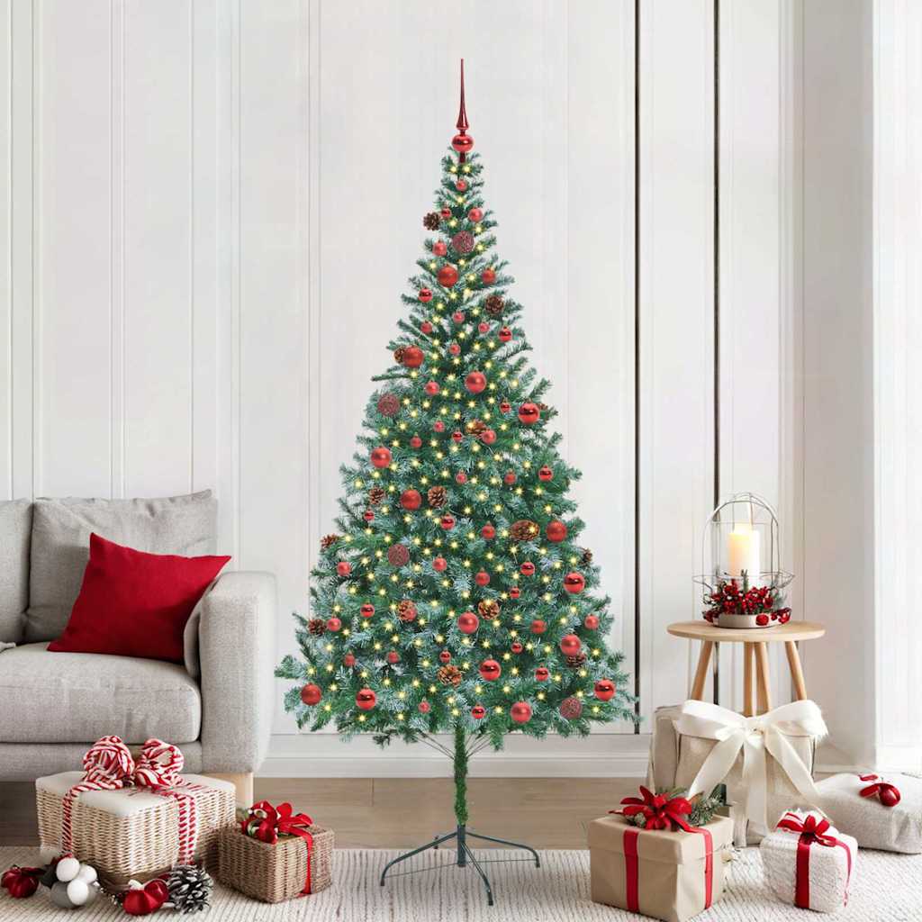 Künstlicher Weihnachtsbaum Mit Beleuchtung Kugeln Zapfen 180 Cm Weiß Und Grau