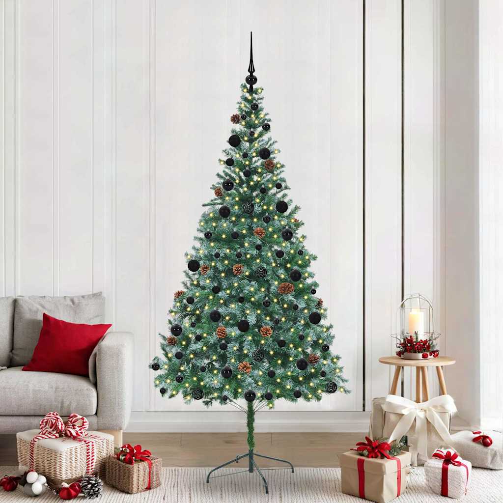 Künstlicher Weihnachtsbaum Mit Beleuchtung Kugeln Zapfen 180 Cm Weiß Und Grau