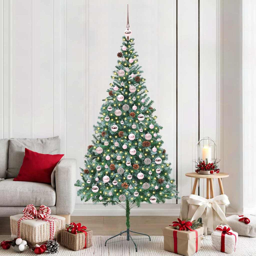 Künstlicher Weihnachtsbaum Mit Beleuchtung Kugeln Zapfen 180 Cm Weiß Und Grau