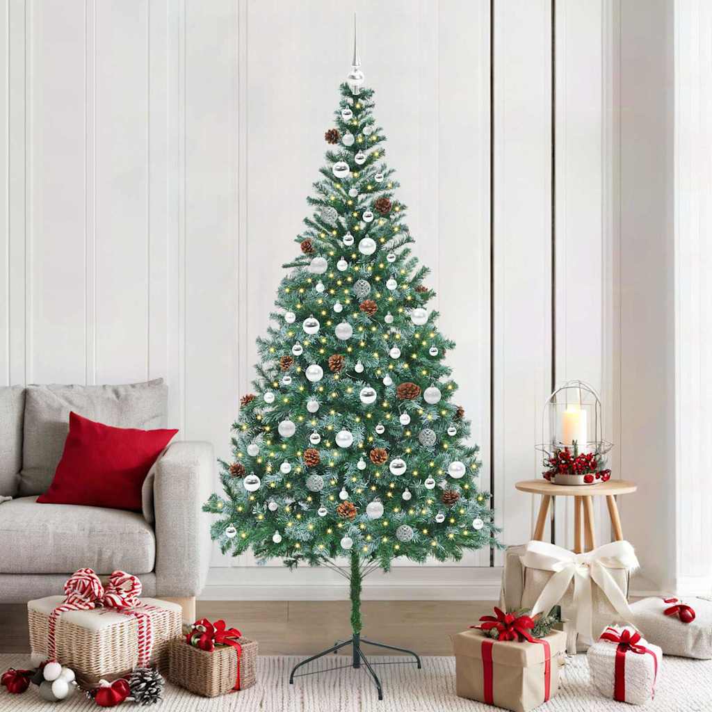 Künstlicher Weihnachtsbaum Mit Beleuchtung Kugeln Zapfen 180 Cm Weiß Und Grau