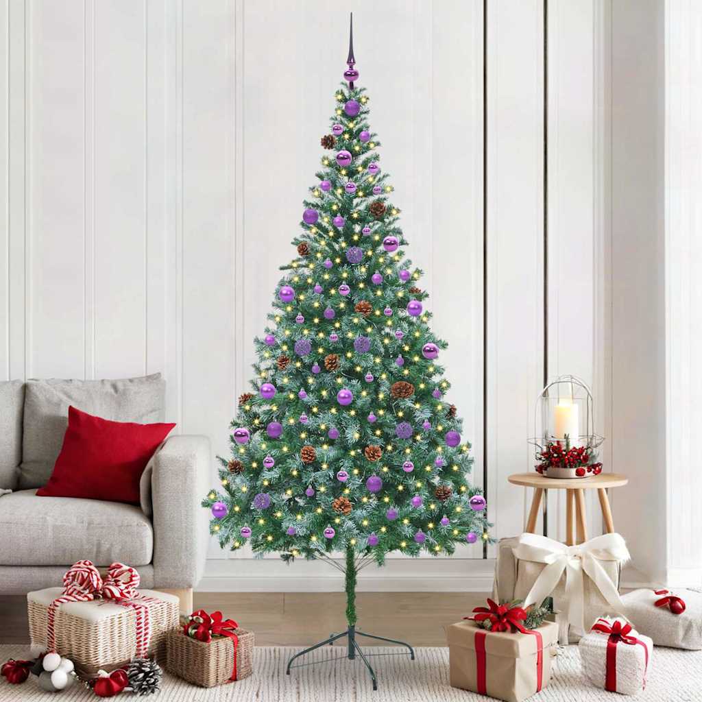 Künstlicher Weihnachtsbaum Mit Beleuchtung Kugeln Zapfen 180 Cm Weiß Und Grau