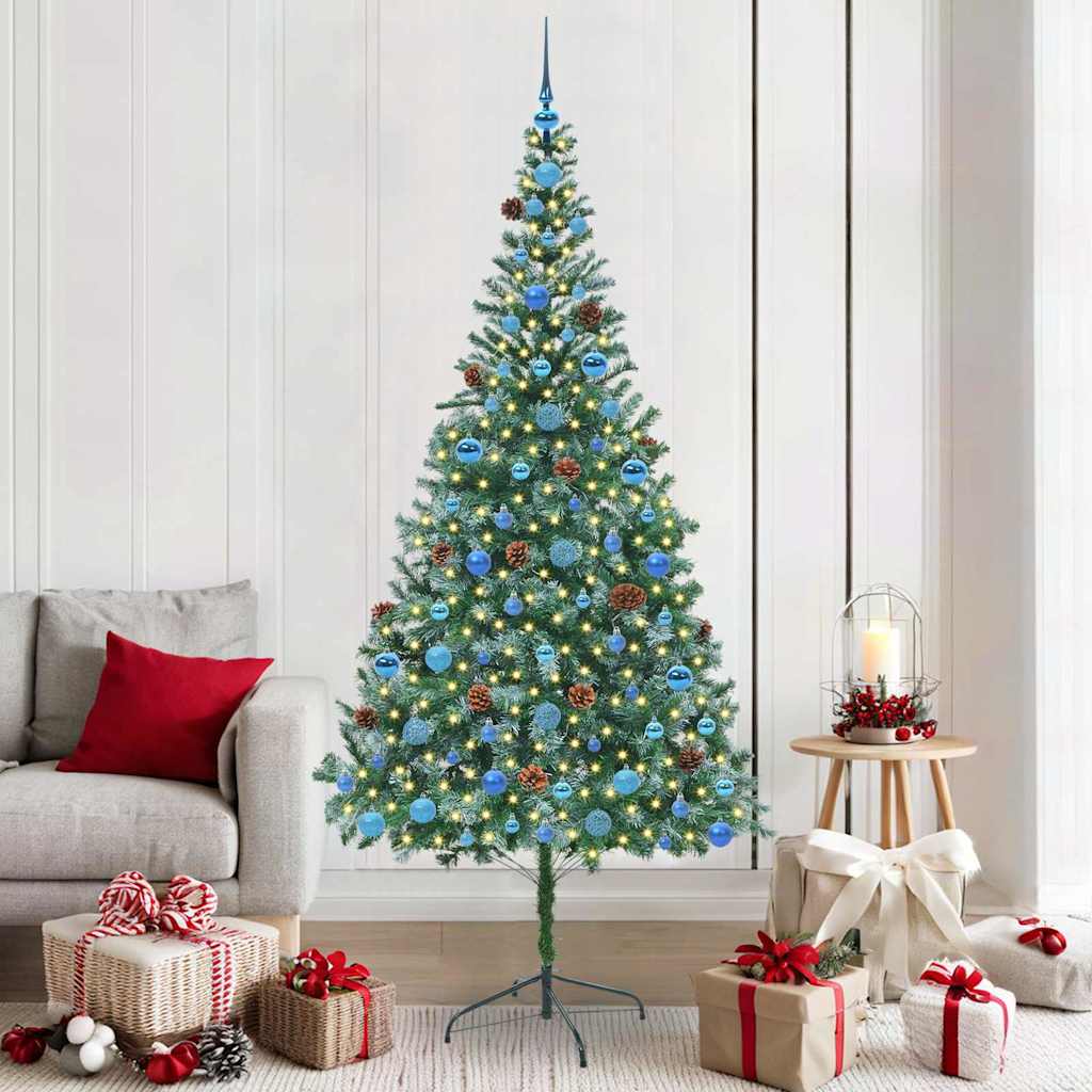 Künstlicher Weihnachtsbaum Mit Beleuchtung Kugeln Zapfen 180 Cm Weiß Und Grau