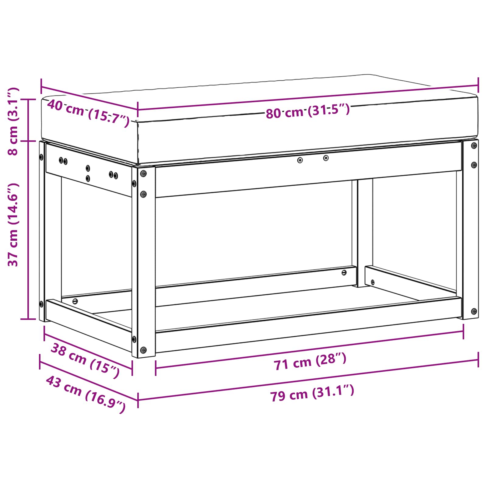 Outdoor Hockerbank Mit Kissen 79 X 43 X 37 Cm
