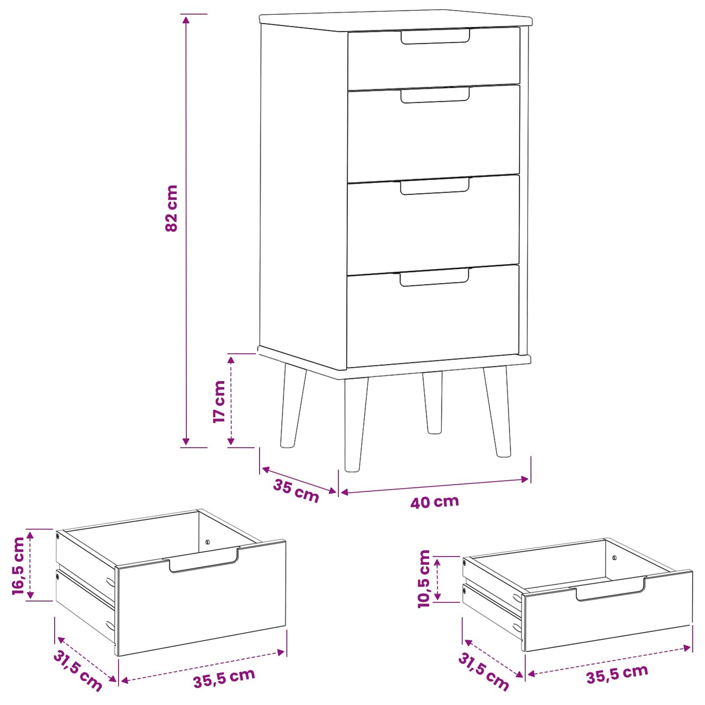 Kommode Molde 40 X 35 X 82 Cm Massives Kiefernholz