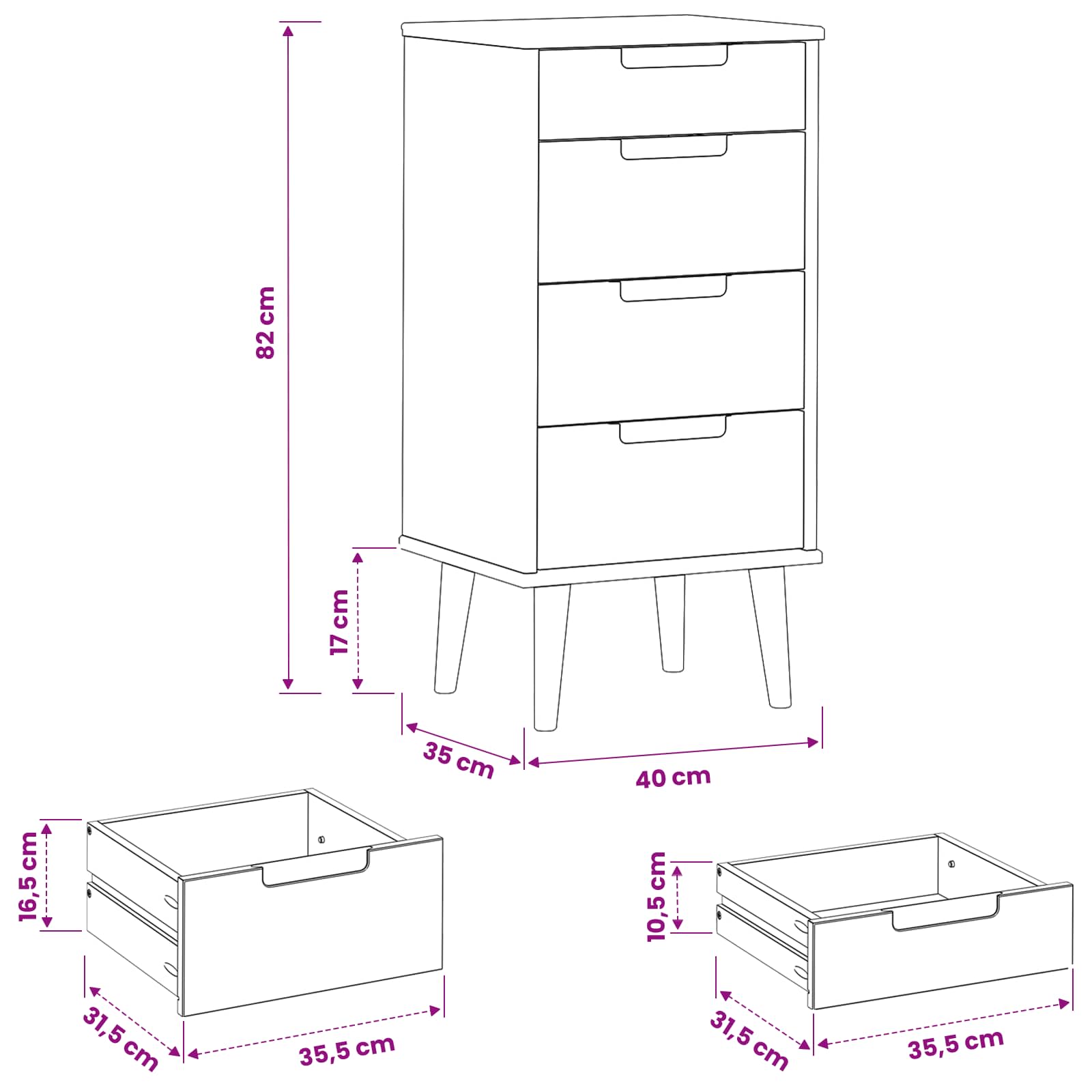 Kommode Molde 40 X 35 X 82 Cm Massives Kiefernholz