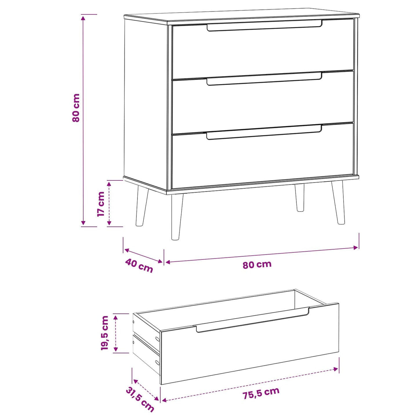 Kommode Molde 80 X 40 X 80 Cm Massives Kiefernholz