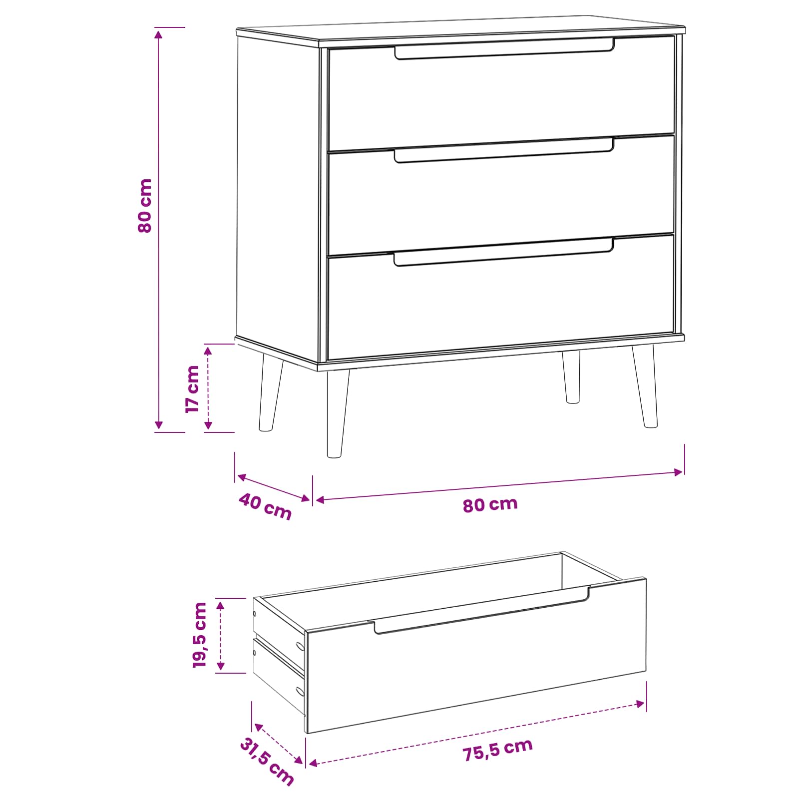 Kommode Molde 80 X 40 X 80 Cm Massives Kiefernholz