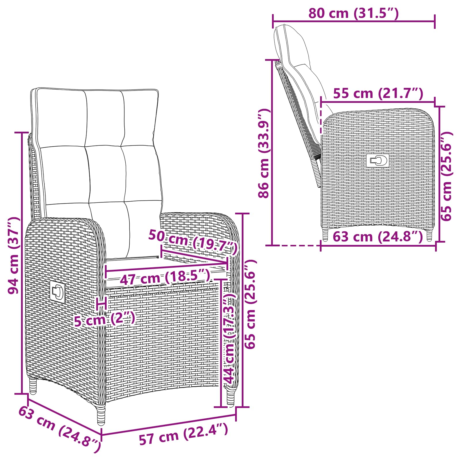 Verstellbarer Gartenstuhl Poly-Rattan