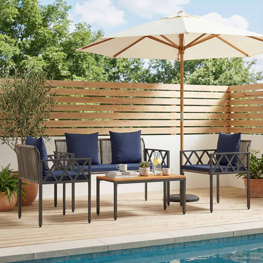 Gartenmöbel-Set 4 Pcs Grau Und Marineblau Poly-Rattan