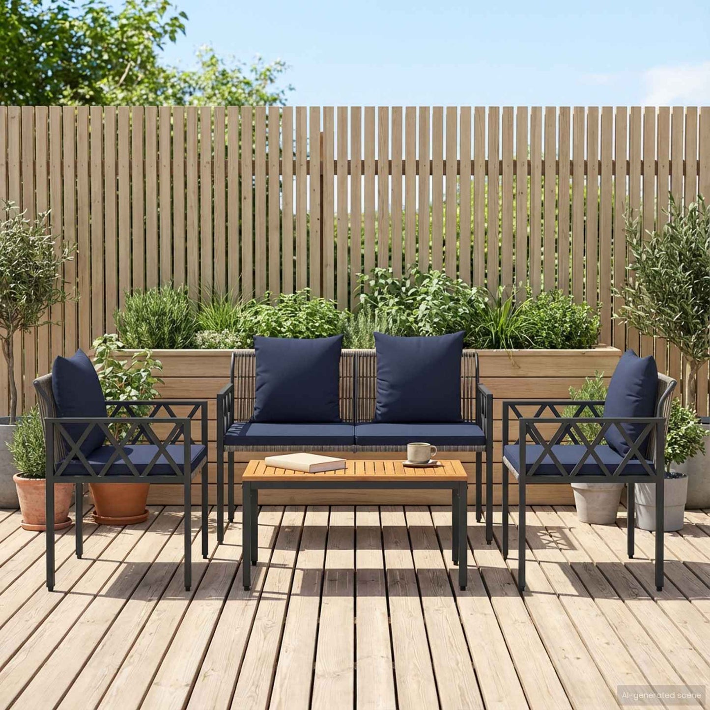 Gartenmöbel-Set 4 Pcs Grau Und Marineblau Poly-Rattan