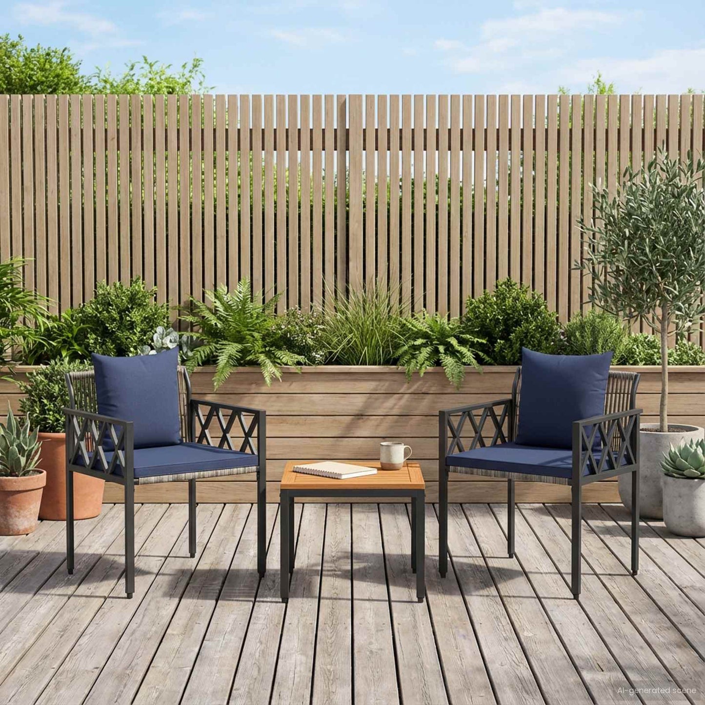 Gartenmöbel-Set 3 Pcs Grau Und Marineblau Poly-Rattan