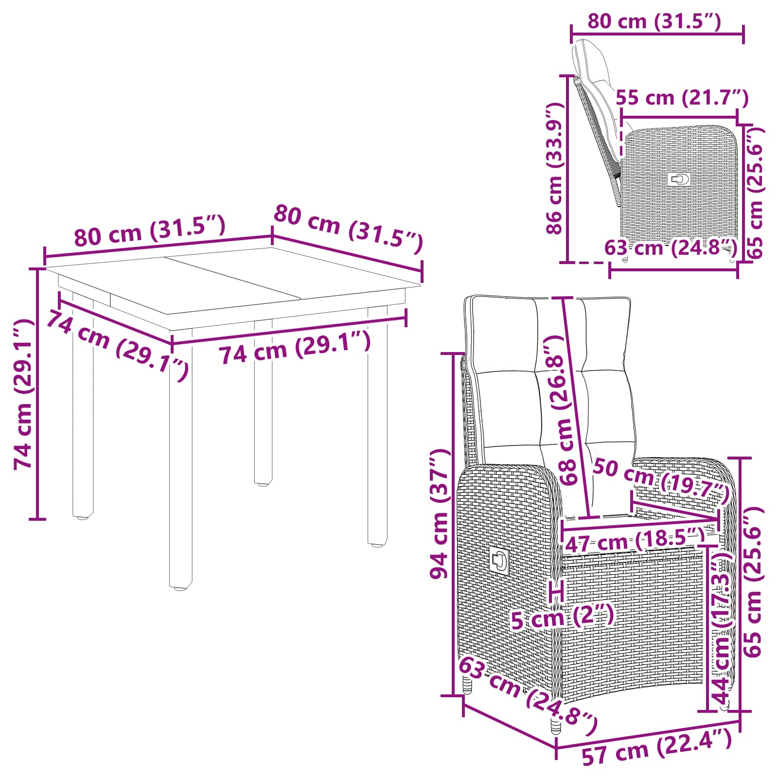 Sofa-Tischset 3 Pcs Pe Rattan Und Pulverbeschichteter Stahl